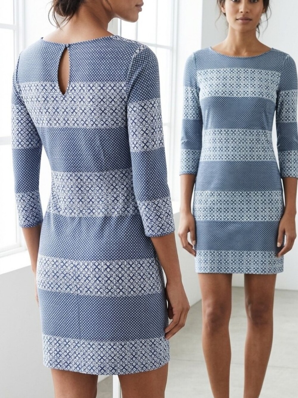 Banana Republic Geometric Print Sheath Dress – 3/4 Sleeves & Keyhole Back (XS)